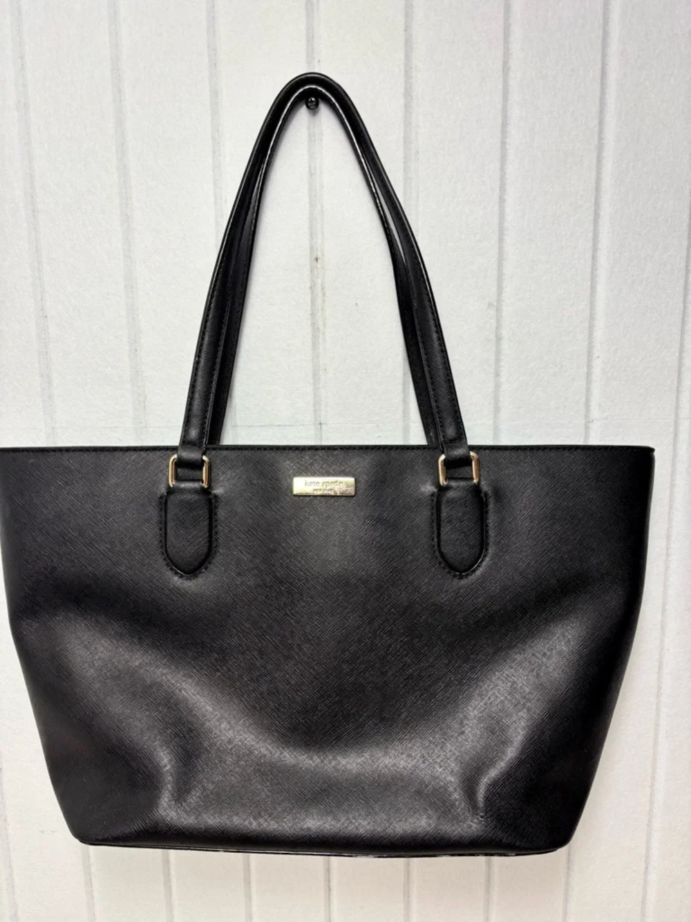 Kate Spade New York  Leather Cow Black Saffiano Tote with Gold Plaque‎