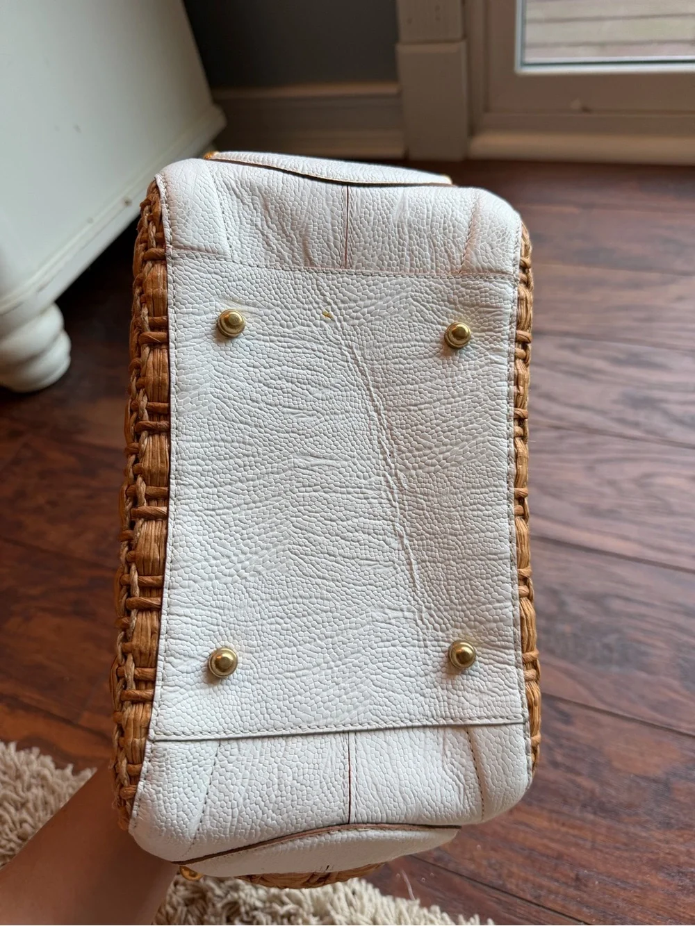 Brahmin White Leather and Natural Woven Tote