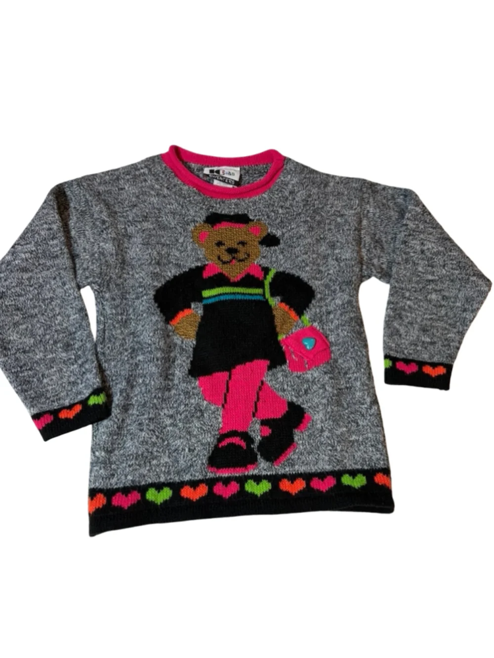 Vintage iO Kids Girls 5/6 Teddy Bear Novelty Knit Sweater Neon Pink Hearts