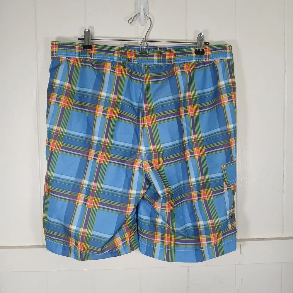 Chaps Swim Trunks Mens Medium Blue Plaid Cargo Pocket Board Shorts