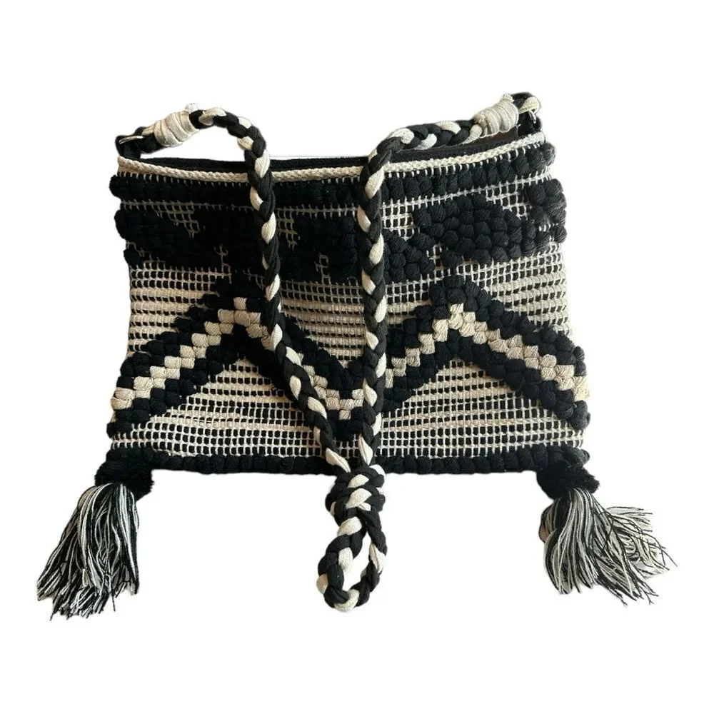 AMERICA & BEYOND Women's Woven Fringe Crossbody Bag Purse Black/White