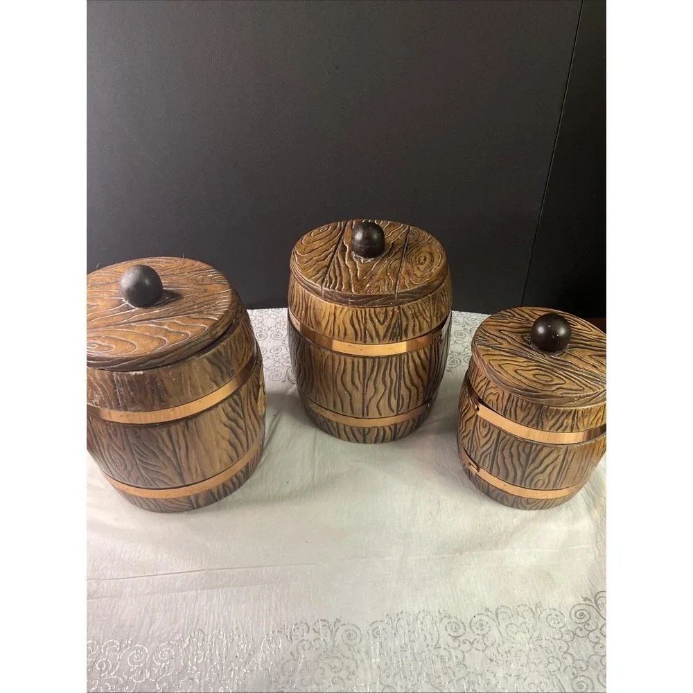 1960's Set of 3 MCM Treasure Craft Ceramic Canister Barrel Flour Sugar Tea