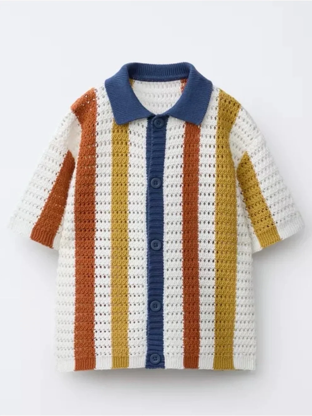 NWT Zara Kids Knit Crochet Polo Shirt in White, Rust, Mustard & Navy 5T