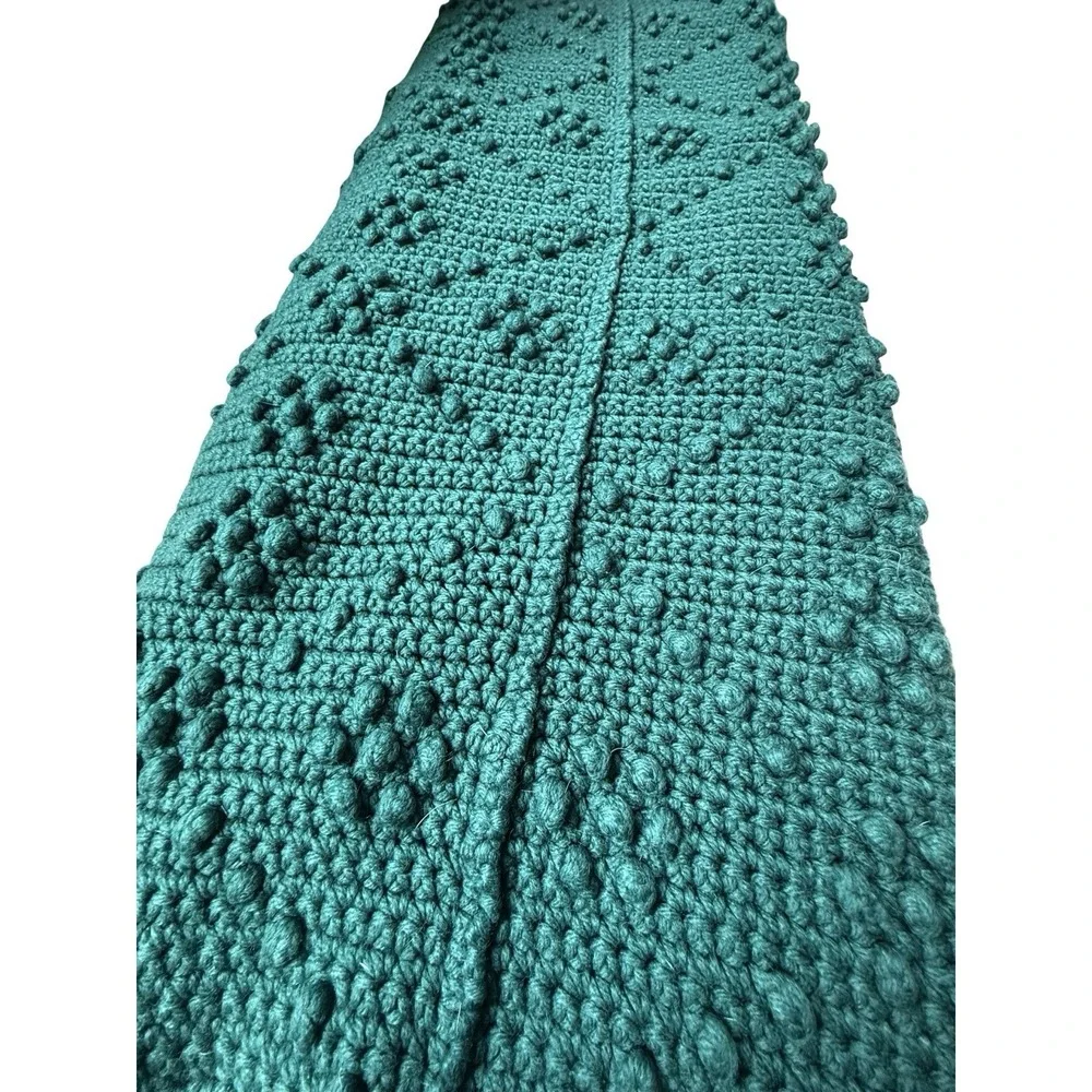 Hand Crocheted Bobble Throw Blanket Dark Green Afghan 57x64 Cottage Boho Vintage