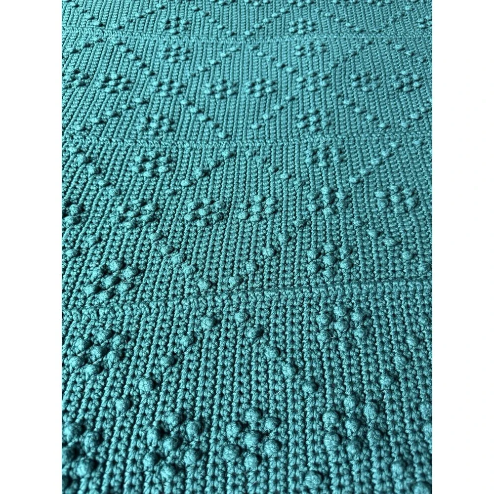 Hand Crocheted Bobble Throw Blanket Dark Green Afghan 57x64 Cottage Boho Vintage