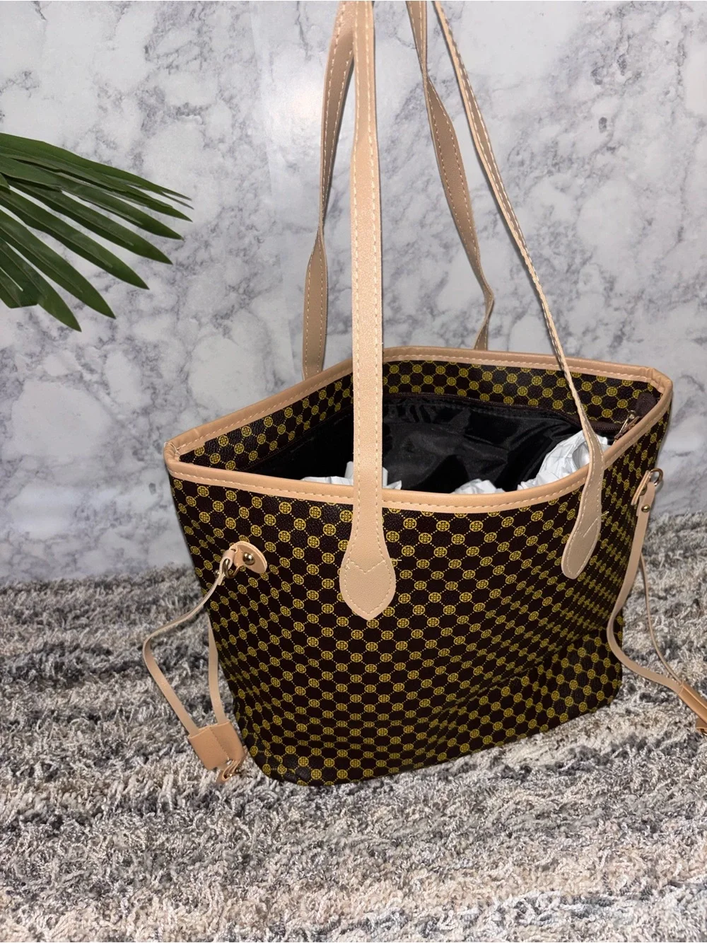Brown Patterned Tote Bag with Tan Trim