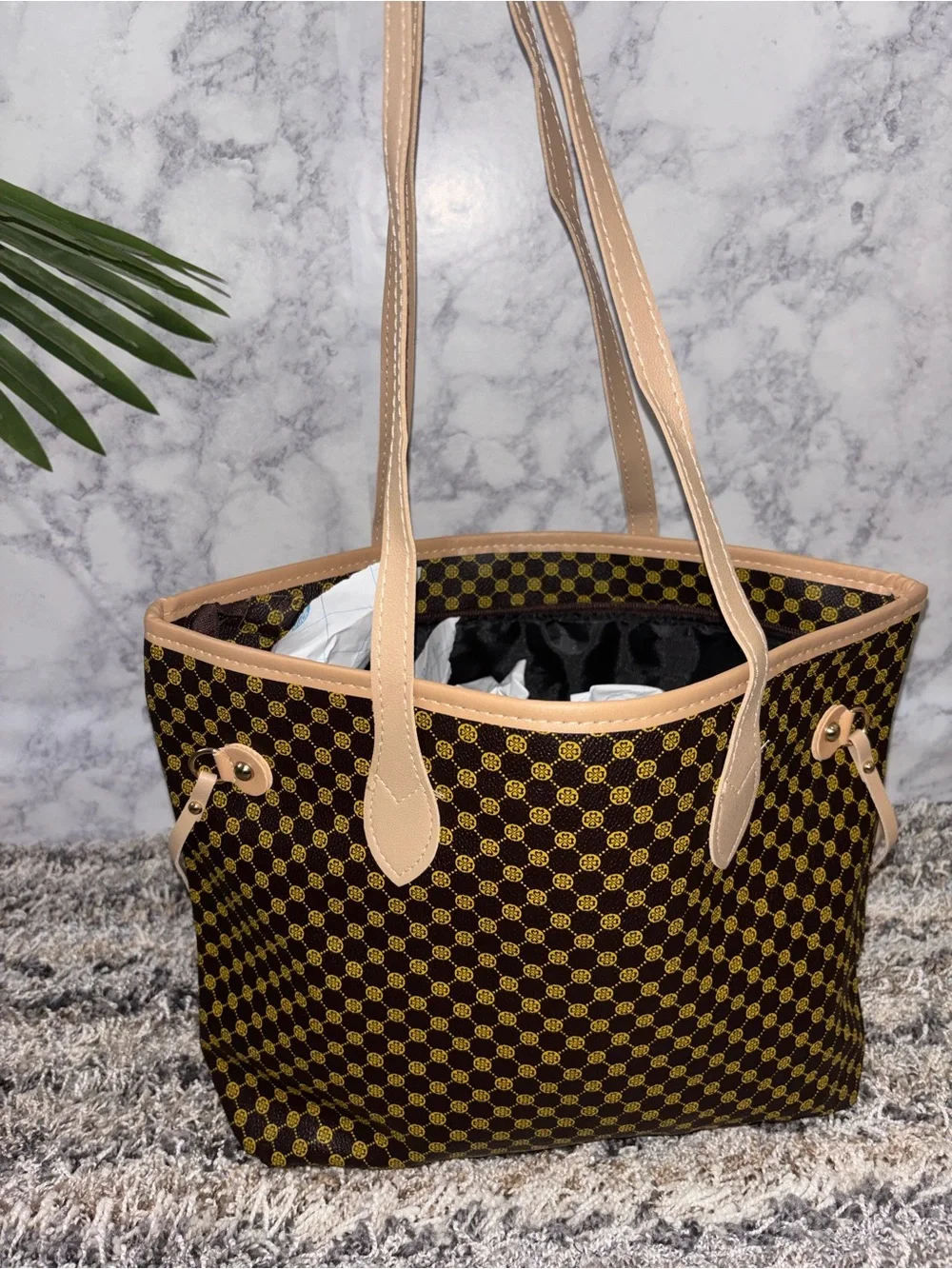 Brown Patterned Tote Bag with Tan Trim
