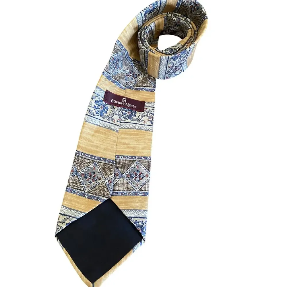 Etienne Aigner Silk Tie Gold Blue Floral Geometric Made In USA‎