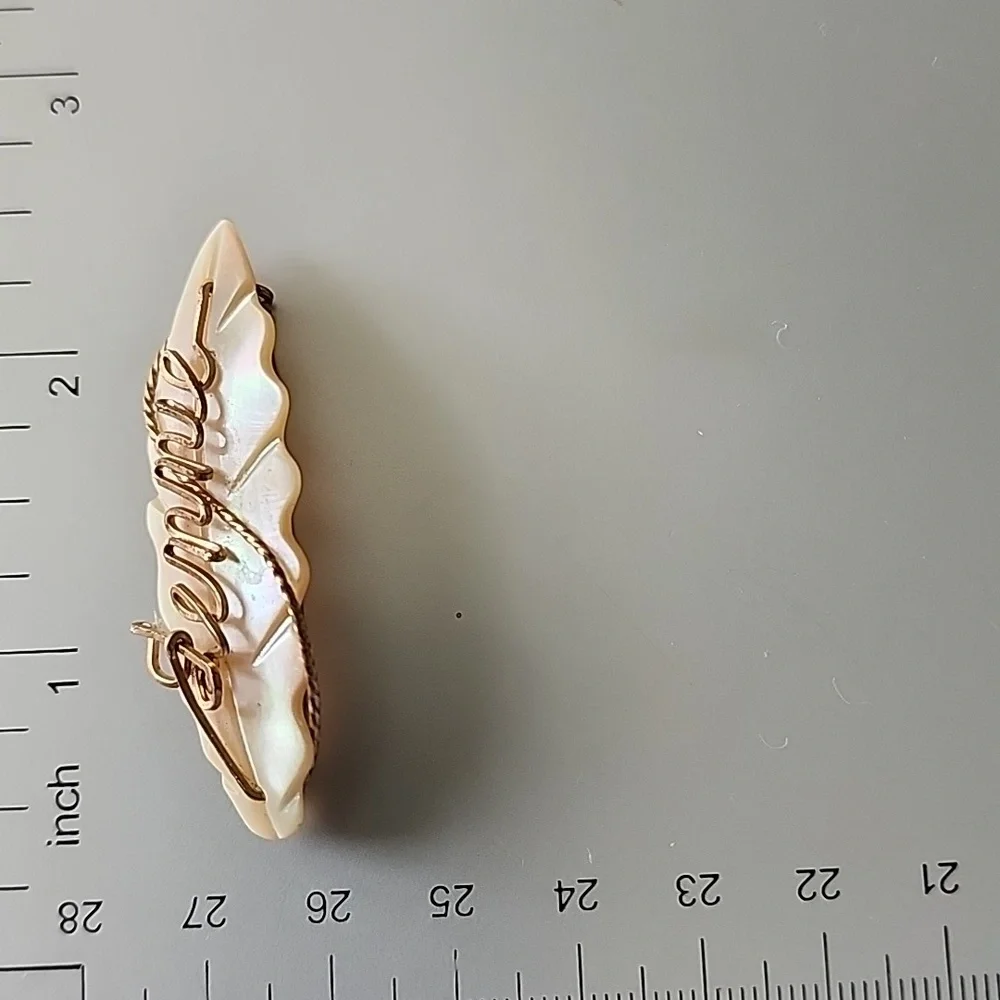 Vintage Handcrafted JENNIE NAME brooch Leaf Shell