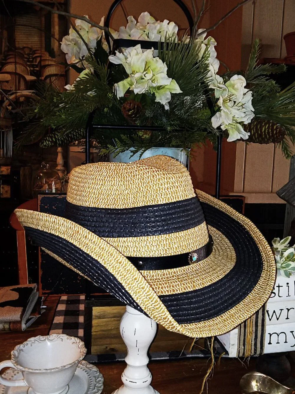 Western Style Black & Natural Stripe Straw hat