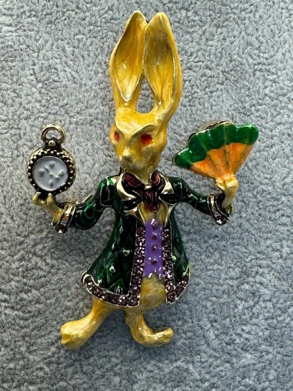 Rabbit Brooch Pin Green Coat Rhinestone Trim Enamel Clock Fan Gold Tone