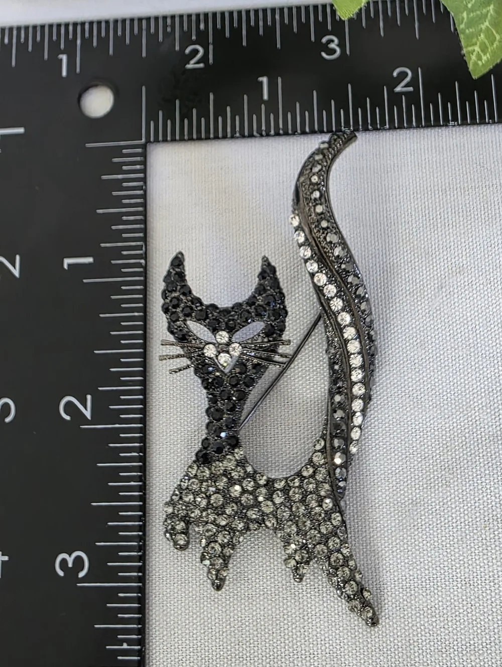 Mod Silver Gunmetal with Black and Clear Crystals Kitty Cat Brooch Pin