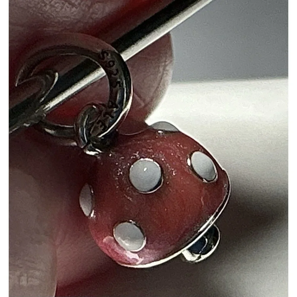 Pandora Red Enamel Mushroom Dangle Charm S925 Sterling Silver