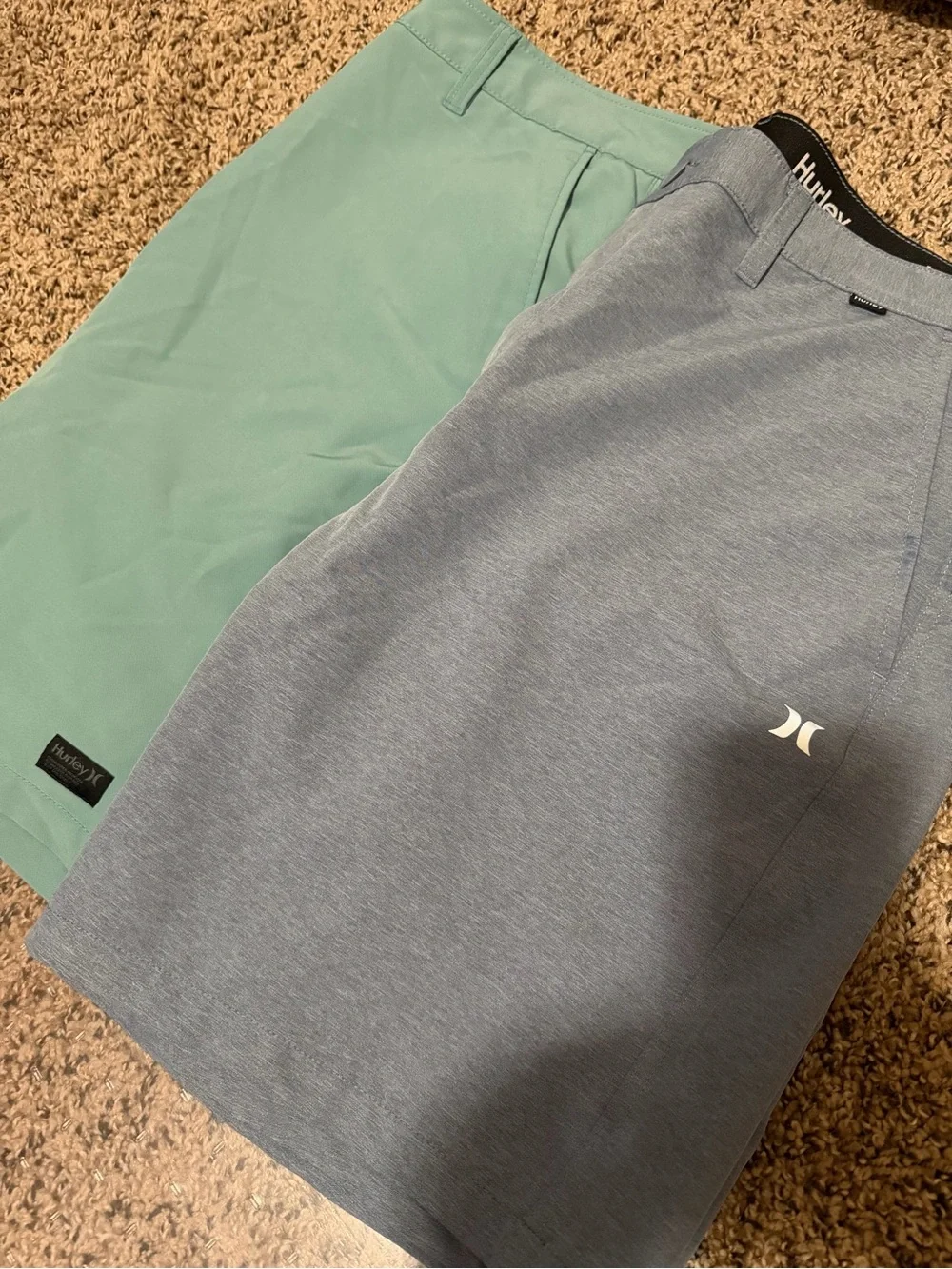Hurley Two-Pair Mens Shorts in Blue and Mint. Both size 38 with 9 inch inseam