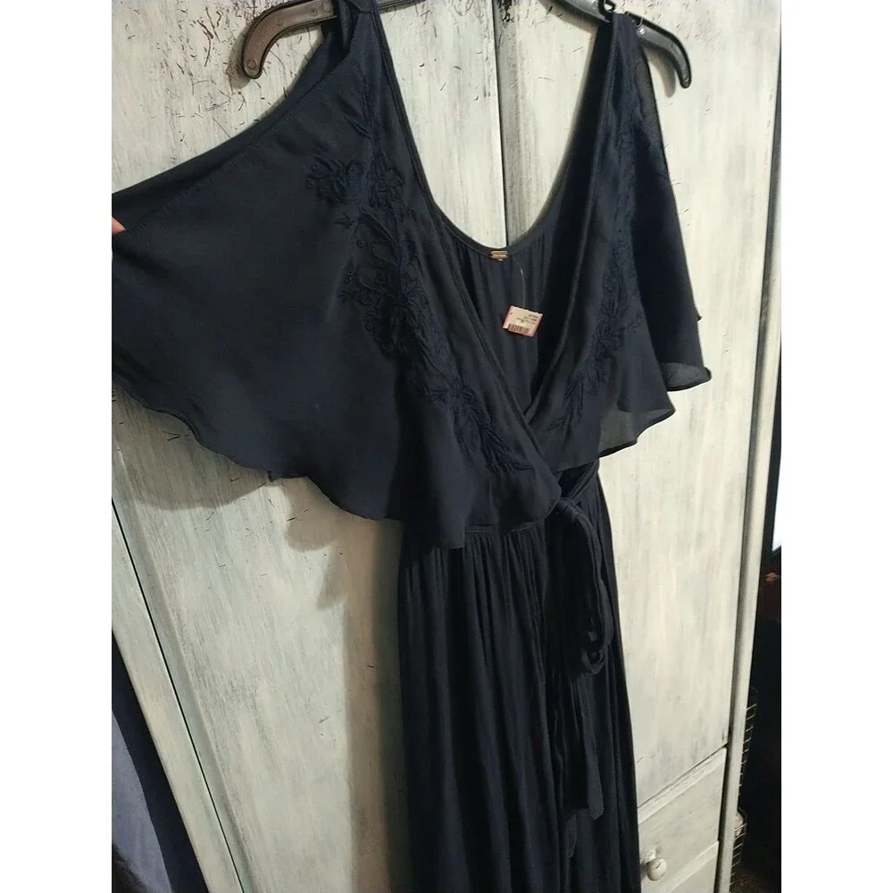 Free People Sleeveless V-neck Maxi Wrap Embroidered Dress Sm Blue Boho Beachy