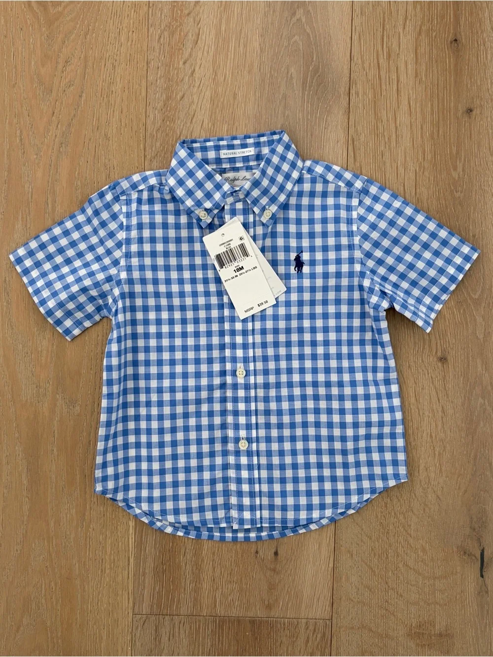 Ralph Lauren Baby Boys 18M Blue Gingham Button Down Shirt NWT Natural Stretch*O