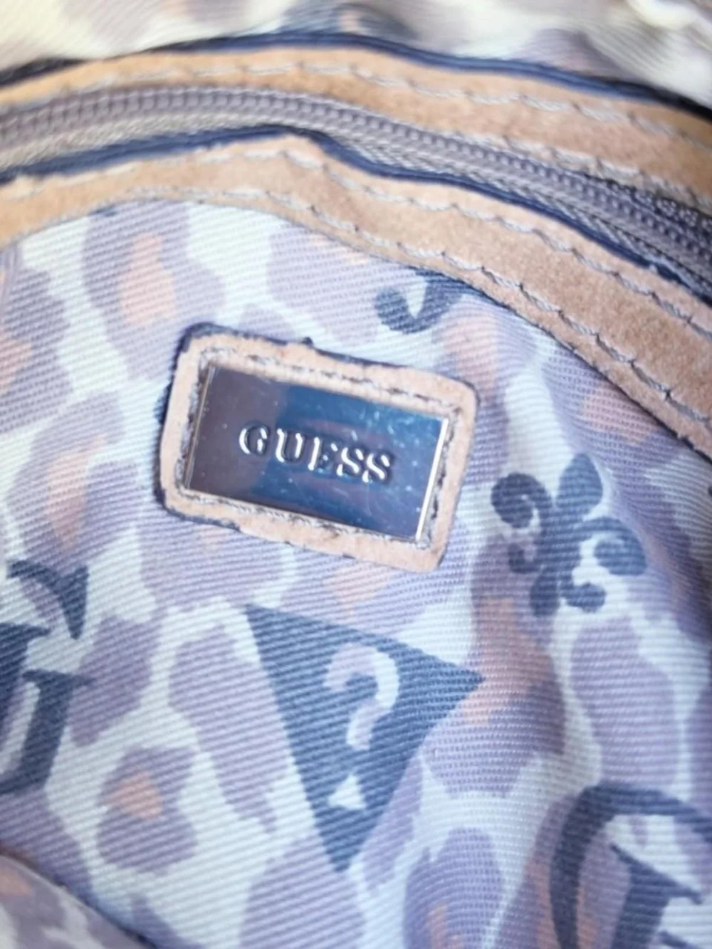 GUESS Blue Monogram Denim & Tan Studded Purse