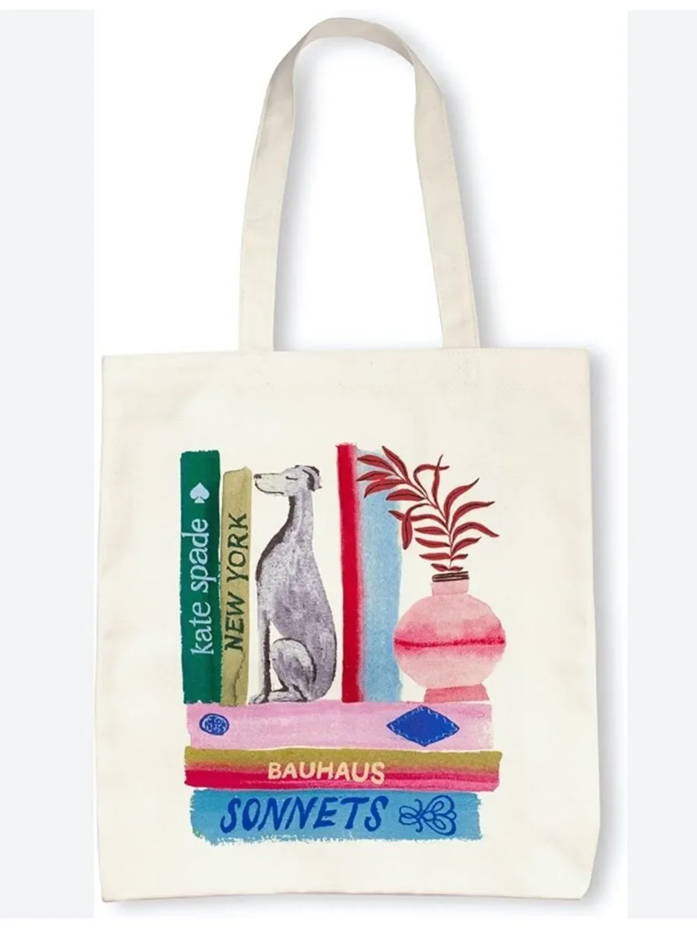 kate spade Ivory Multi Bookshelf Dog Figurine Canvas Tote Bag
