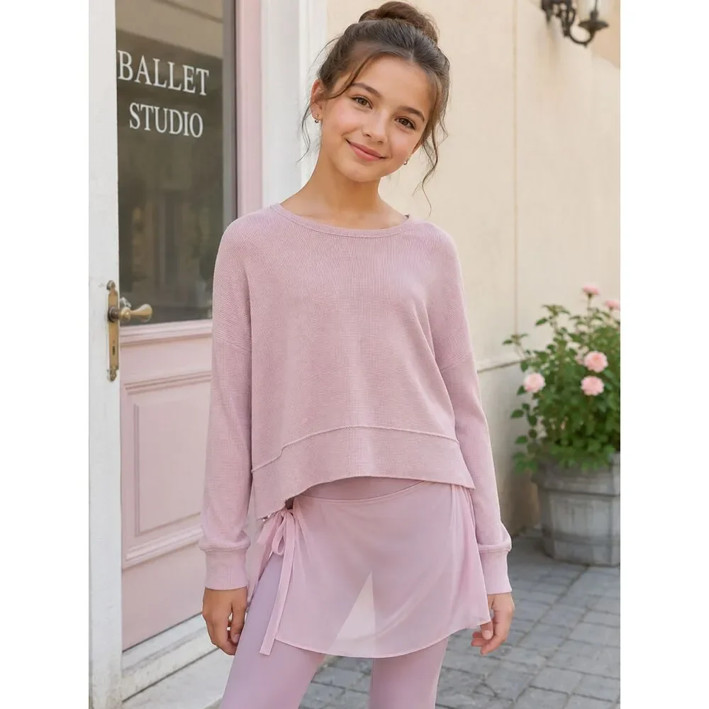 Ballet Pink Osh'Kosh Waffle Knit Long Sleeve Raw Hem Top 14 Girl's Boxy Flowy