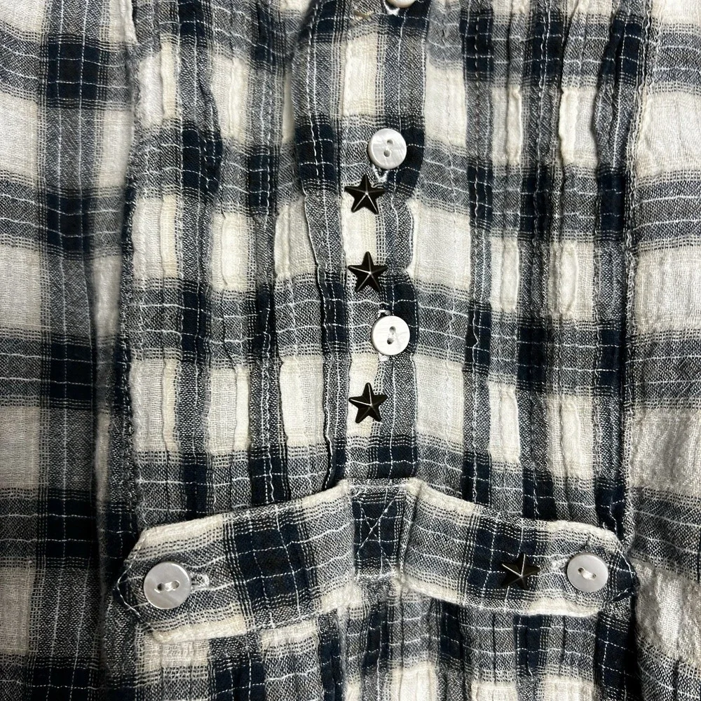 Free People Tunic XS Black‎ Cotton Plaid Country Chic Preppy Shirt Button Blue