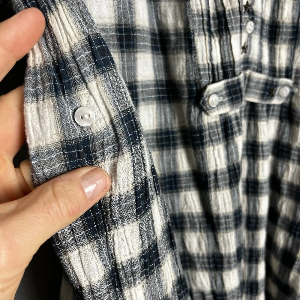 Free People Tunic XS Black‎ Cotton Plaid Country Chic Preppy Shirt Button Blue