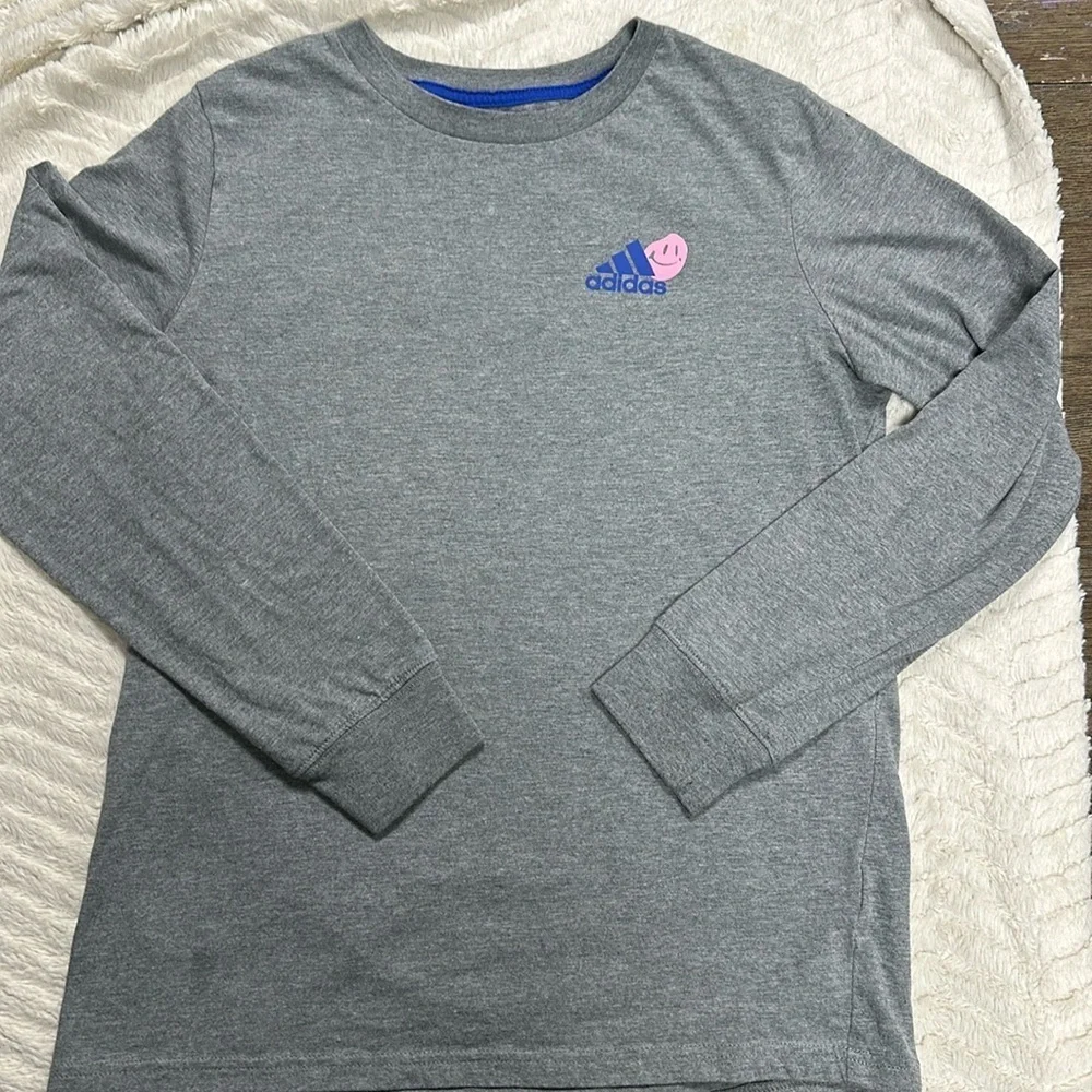 Adidas Boys Long Sleeve Gray Cotton Blend Graphic Tee - Size Large