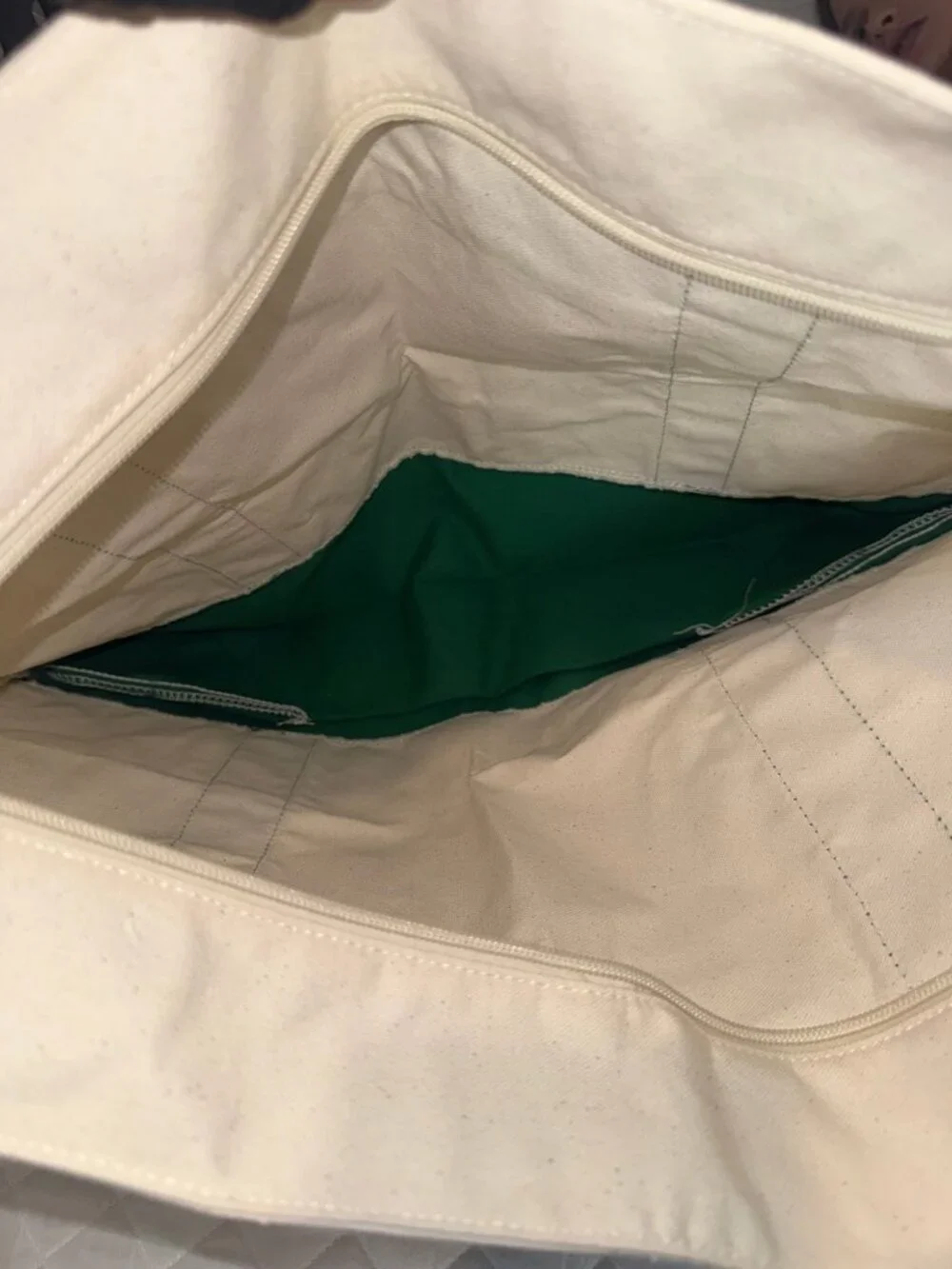 Canvas Tote Bag with Green Handles and Zipper