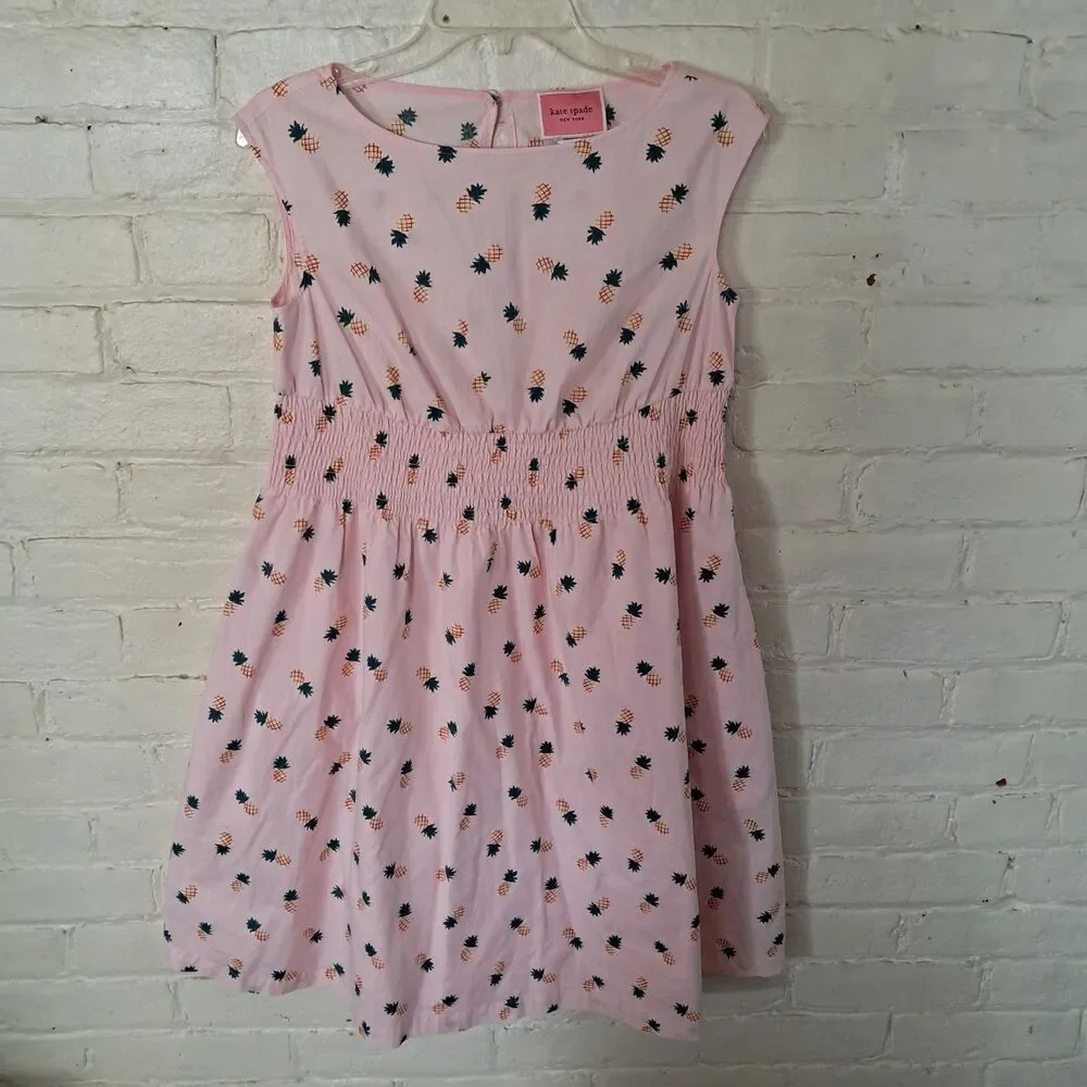 Kate Spade “Blaire” Pineapple Print Pink Cotton Poplin Dress Size XS Pockets