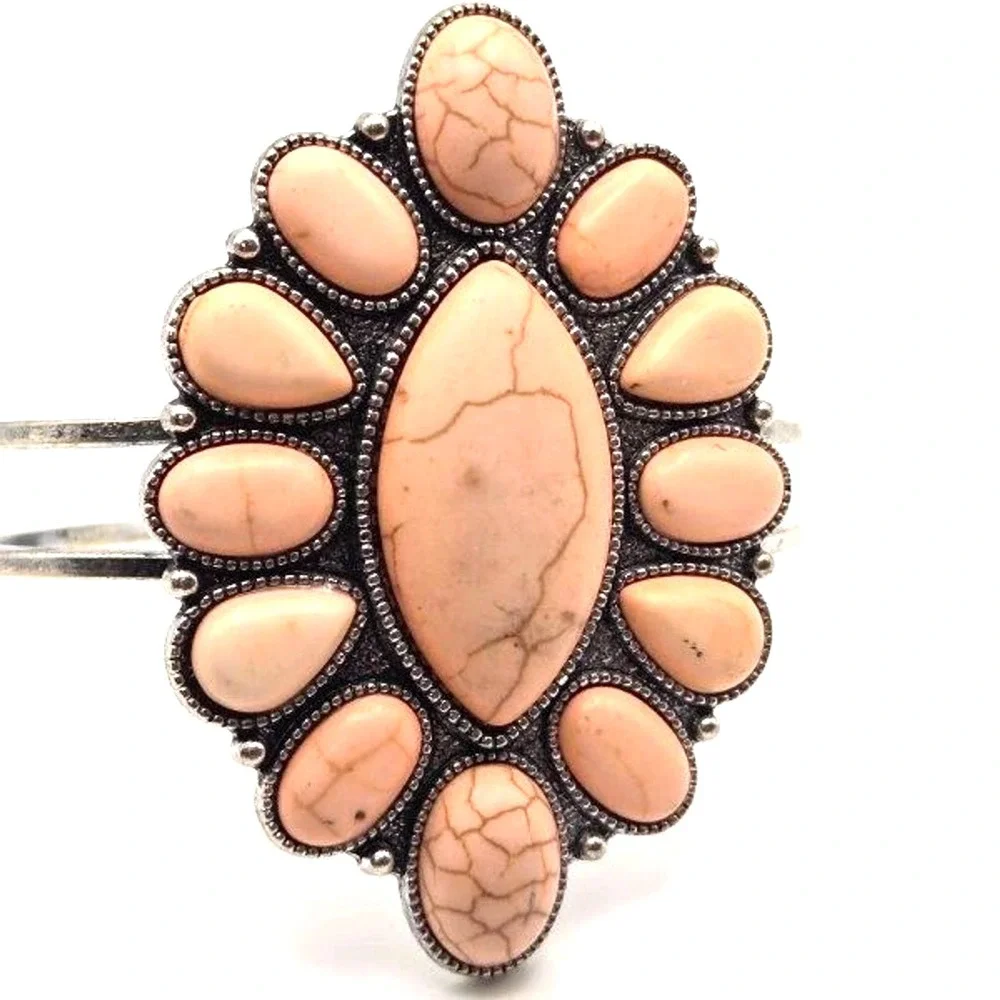 Pink‎ Stone Silver Tone Hinged Statement Bracelet Southwestern Marquis