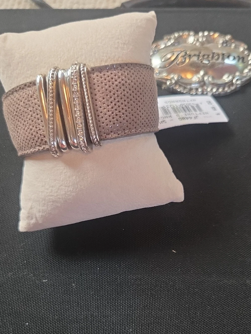 Brighton Taupe Perforated Suede Bracelet with Silver Rhinestone Rings