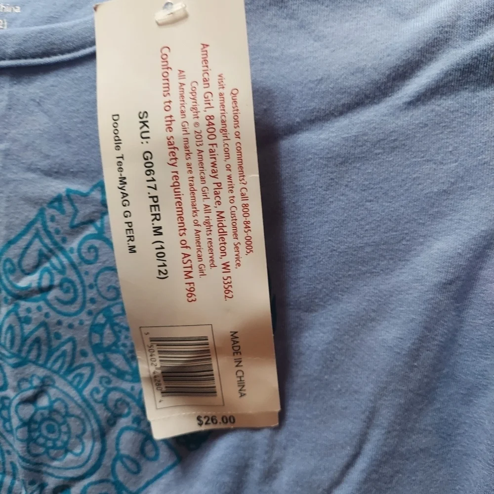 Girls NWT American Girl Size 10/12 Long Sleeve Tee with Heart Detail