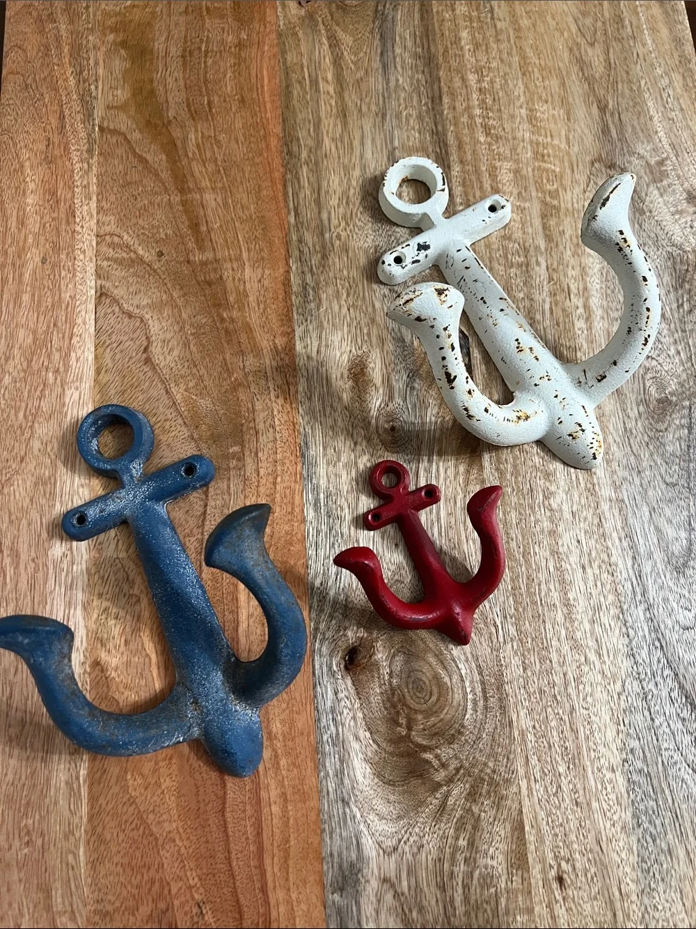 Coastal Anchor Wall Hooks - Red, White & Blue Decorative Rustic Metal Hooks