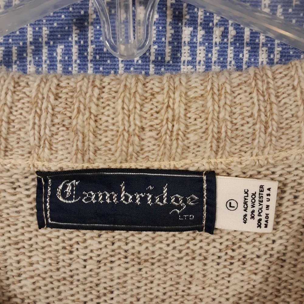 Cambridge Sweater Mens Large Beige Wool Blend Crew Neck Made In USA Vintage