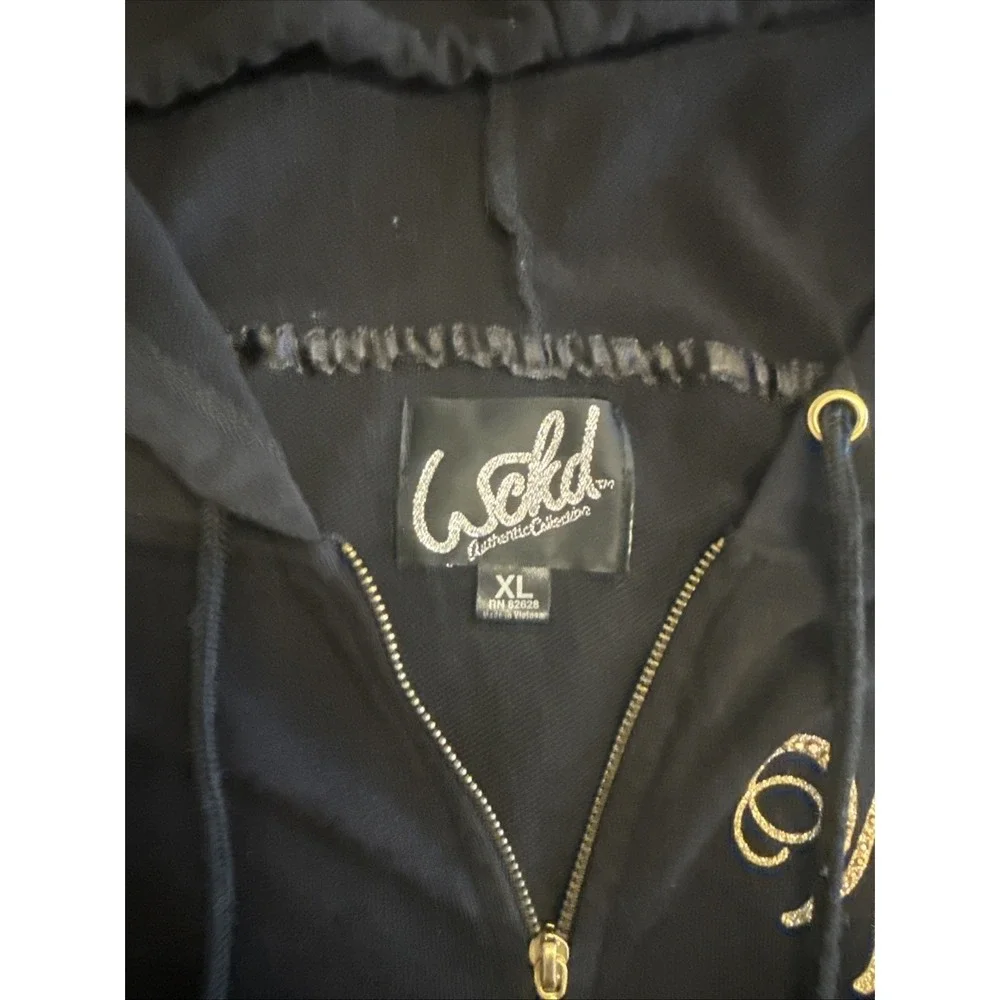 Y2K Wckd Full Zip Crop Hoodie Short Sleeve Rhinestone Logo Black & Gold Youth XL