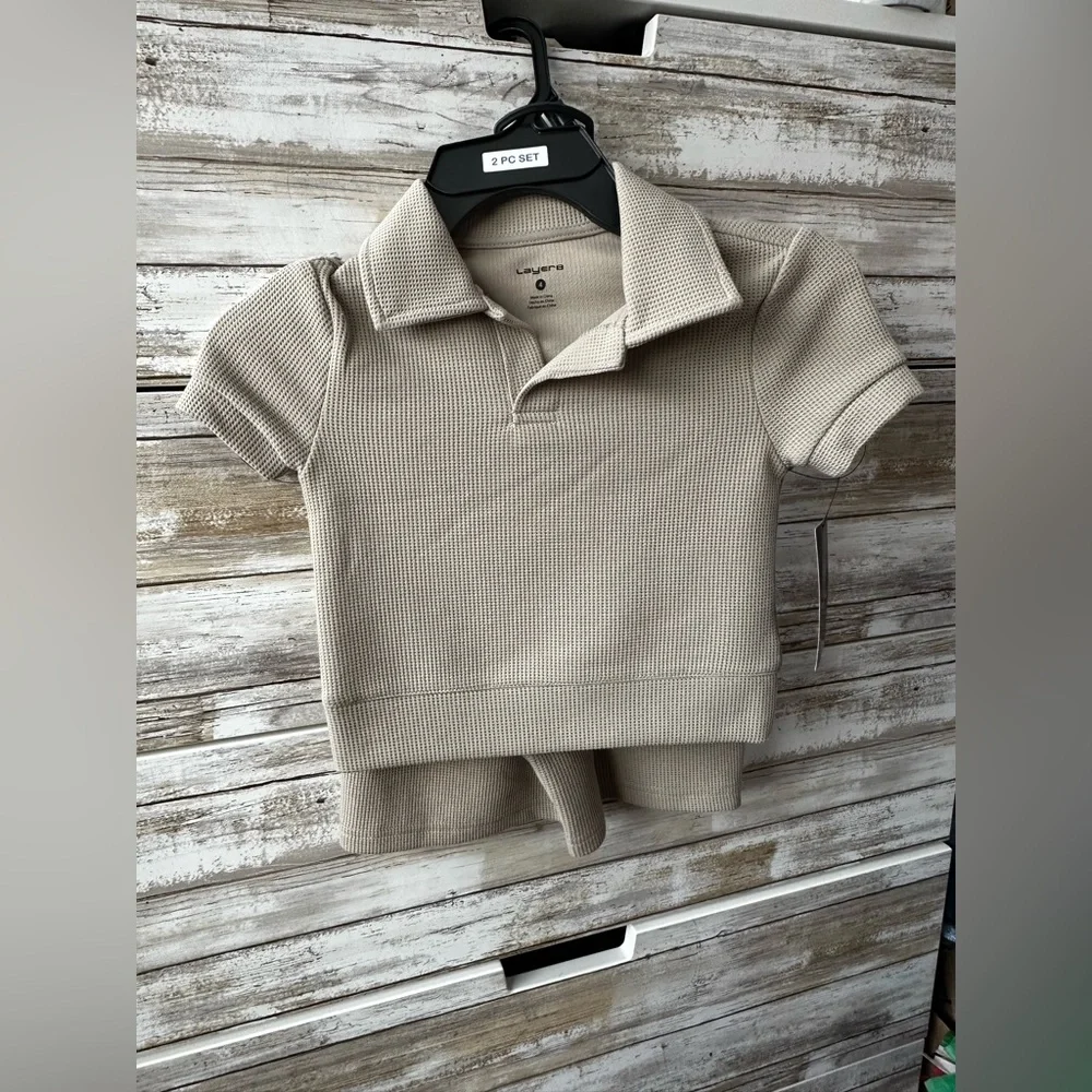 🆕 Layer 8 Boys Khaki 2 Pc Polo & Shorts Set Size 4 Quick Dry NWT