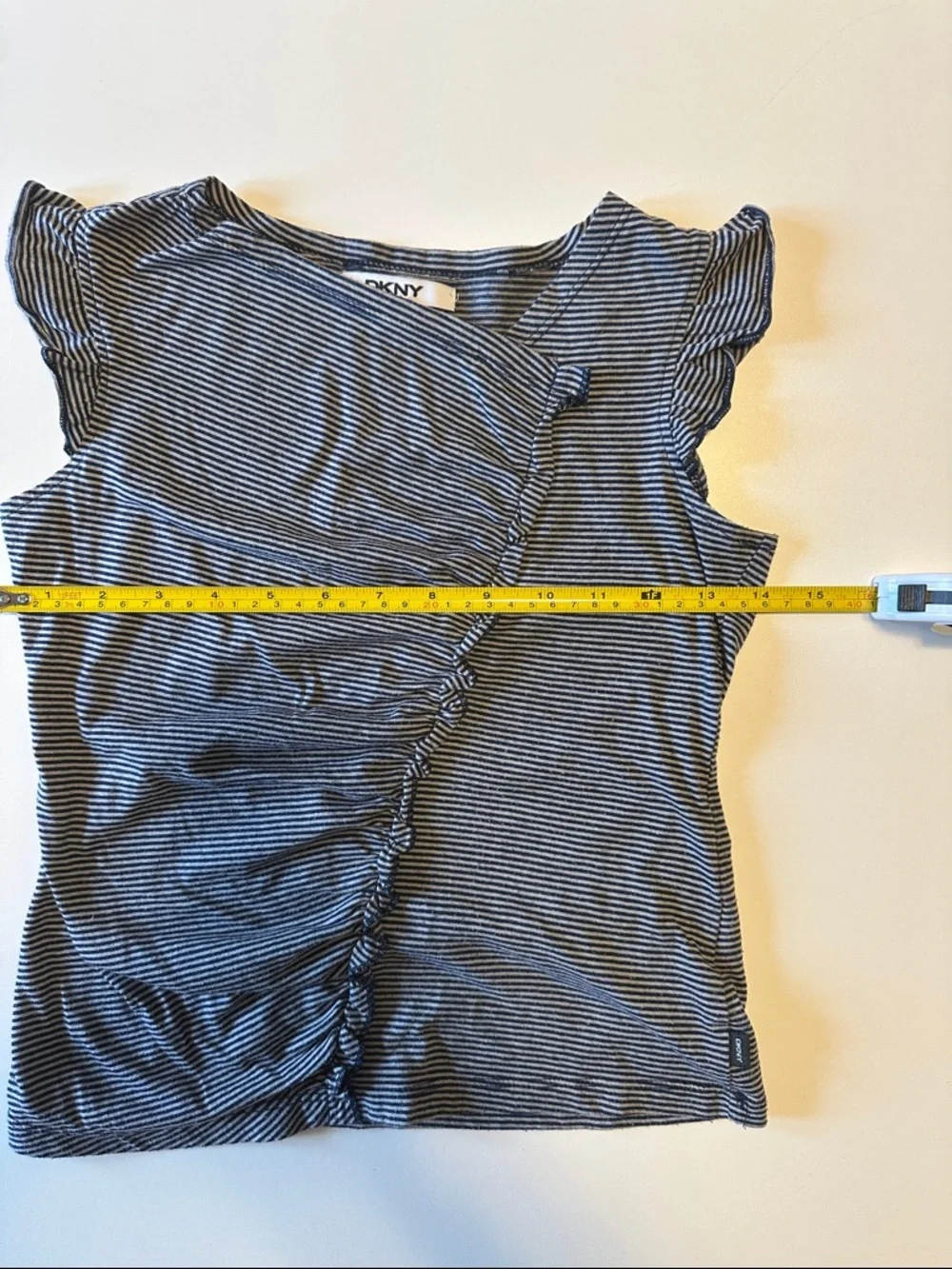 DKNY Navy and White Striped Ruffle Sleeve Tee