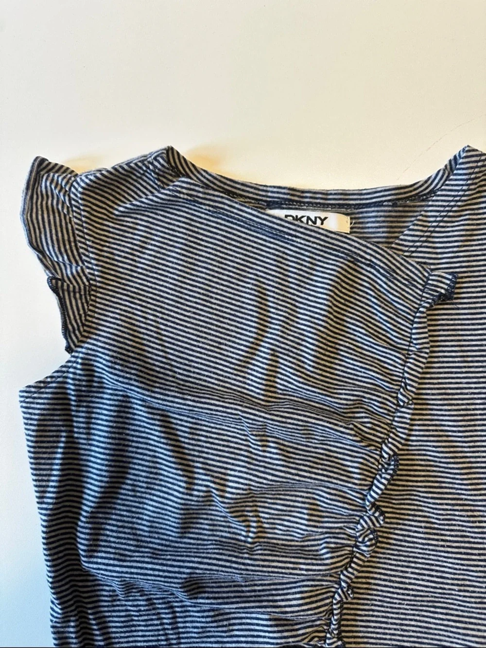 DKNY Navy and White Striped Ruffle Sleeve Tee