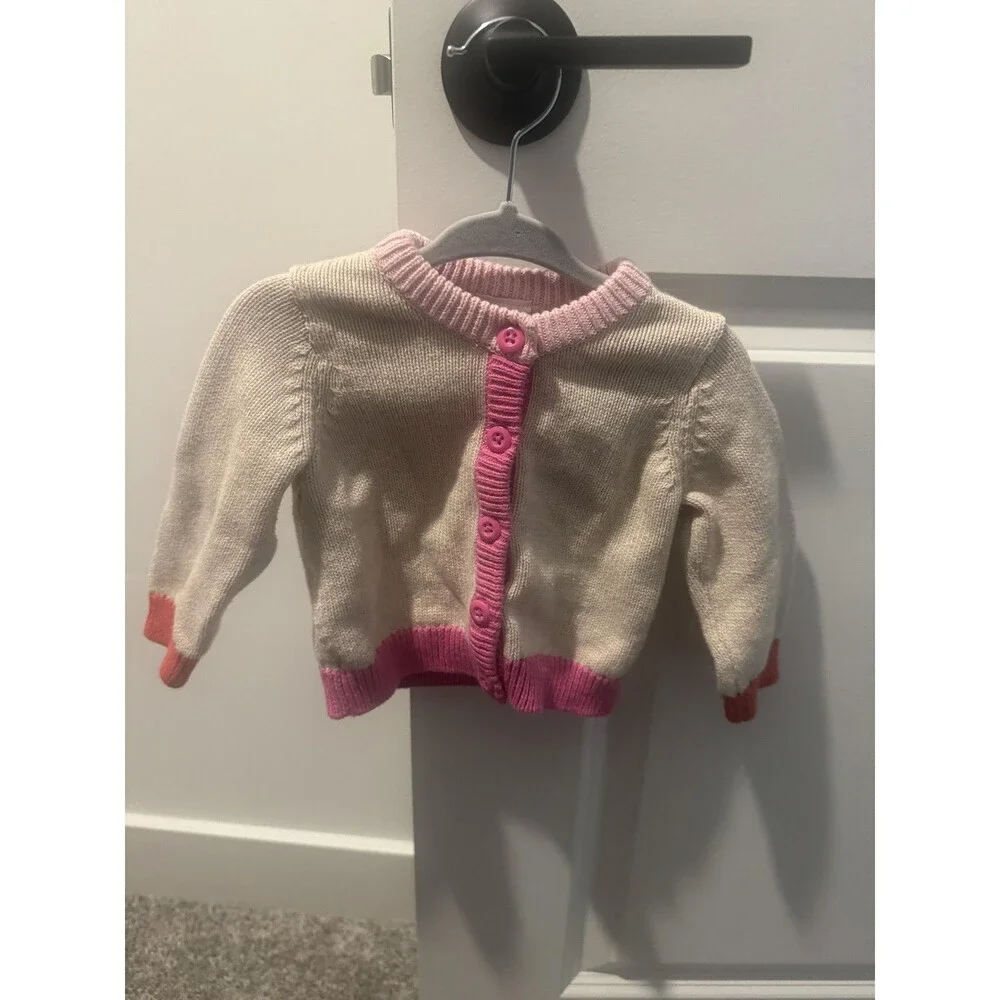 Hanna Andersson Cardigan Sweater Girls 9-12 Months White Pink Button Front