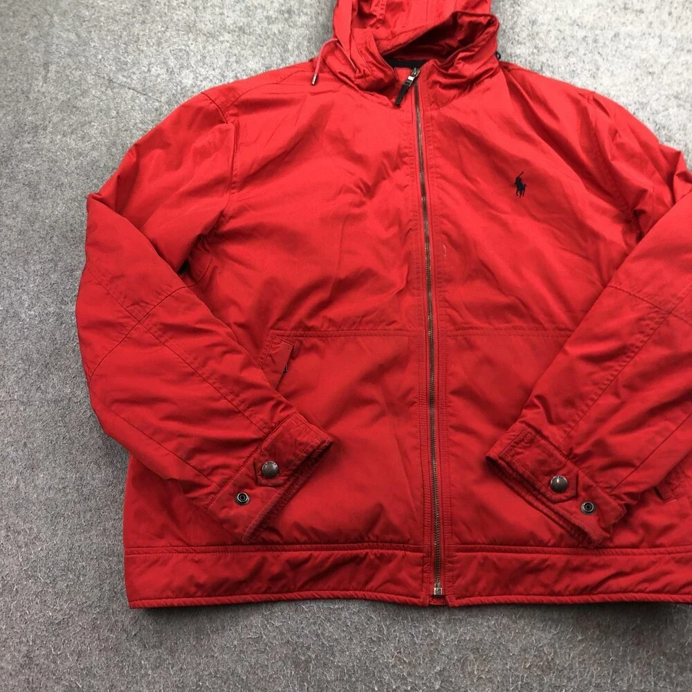 Polo Ralph Lauren Jacket Mens XL Red Hooded Windbreaker Full Zip Lined Outdoor