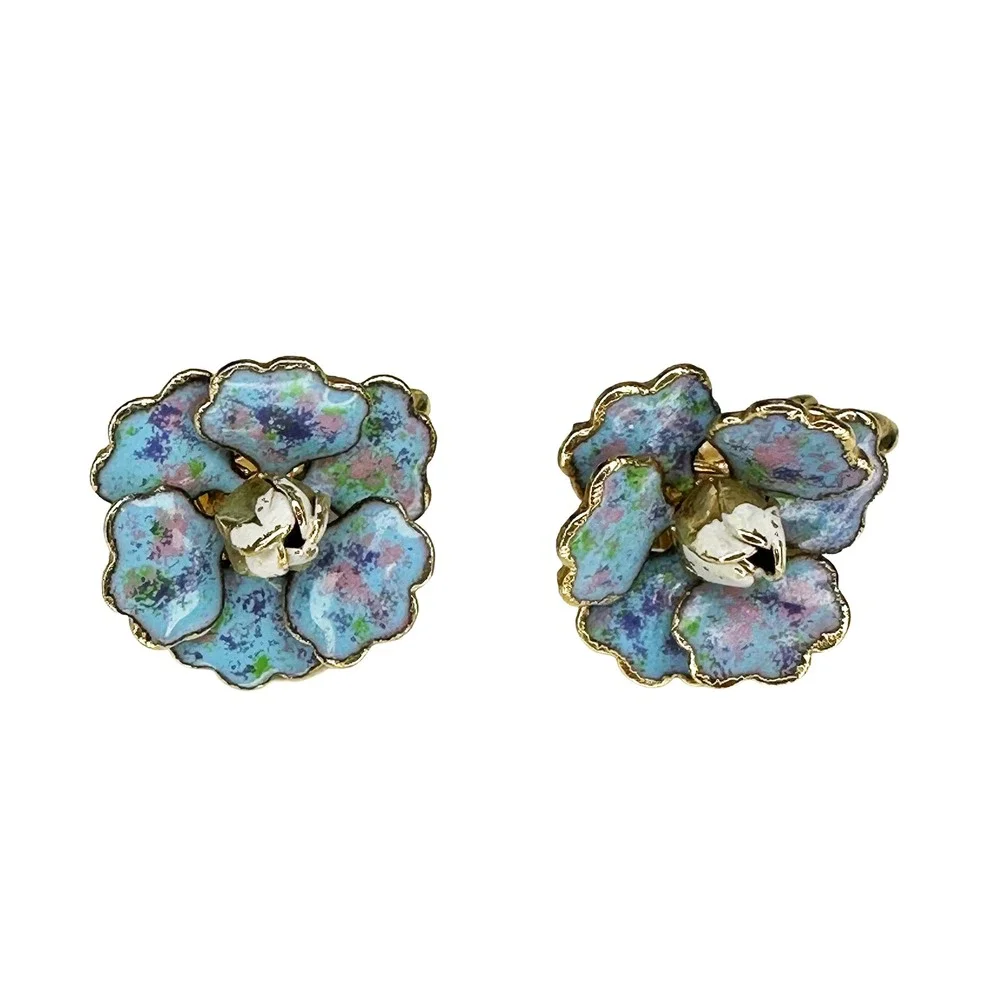 VINTAGE Enamel Flower Brooch & Clip-on Earrings Set • blue, pink, green