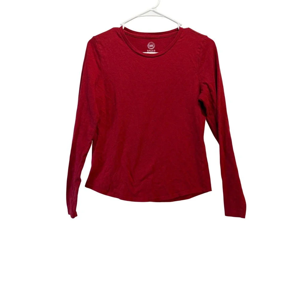Wonder Nation Girls Red Long Sleeve Crew Neck Tee Shirt XL 14-16 Solid Basic