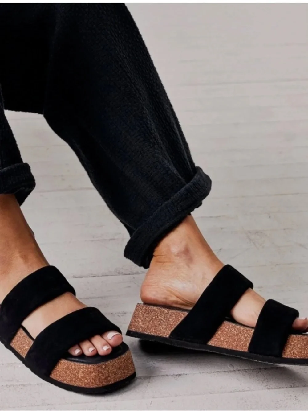 Free People NEW Fairmount Flared Black Suede Platform Slide Sandals Size 8.5
