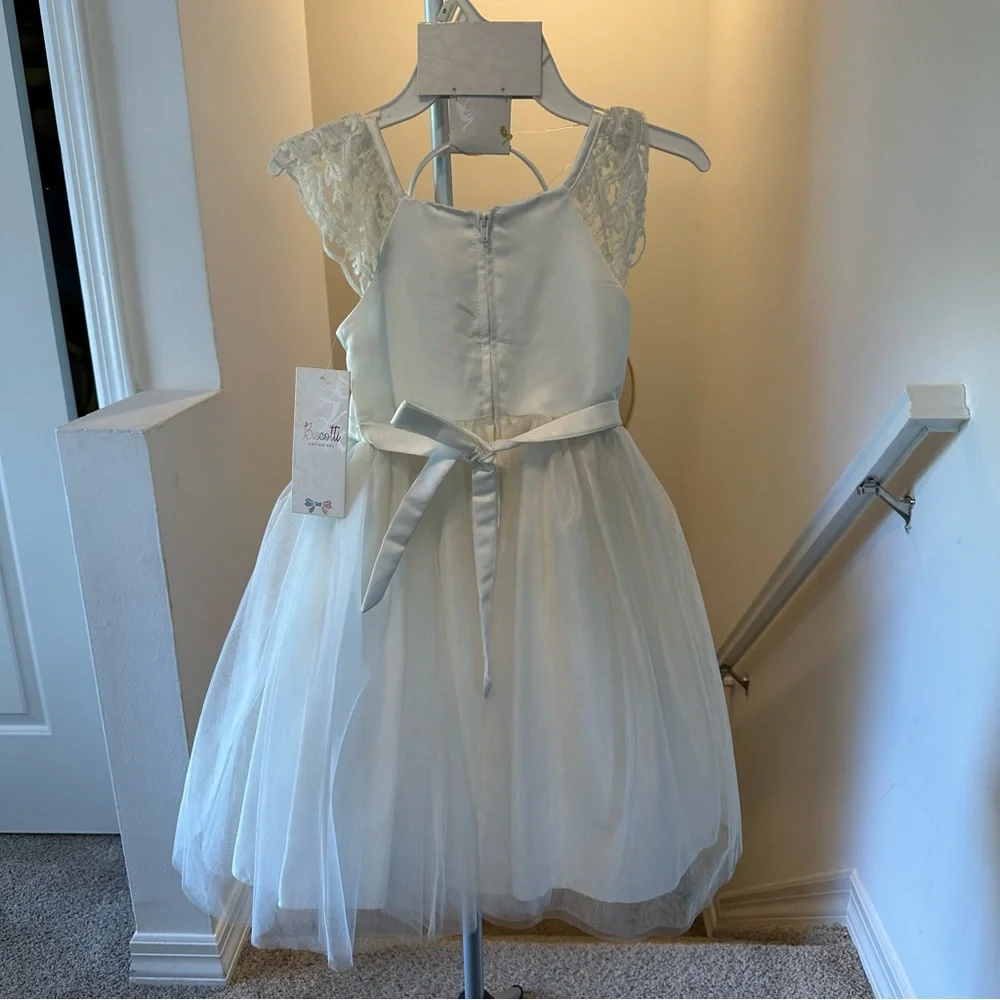 Biscotti Flower Girl White Dress with Lace Shoulders & Matching Bow Headband