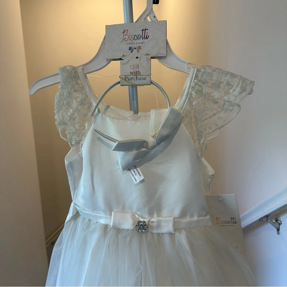 Biscotti Flower Girl White Dress with Lace Shoulders & Matching Bow Headband