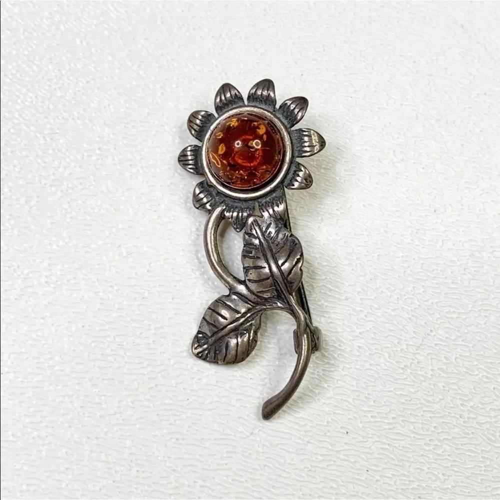 Amber Sterling Silver flower brooch Baltic Floral