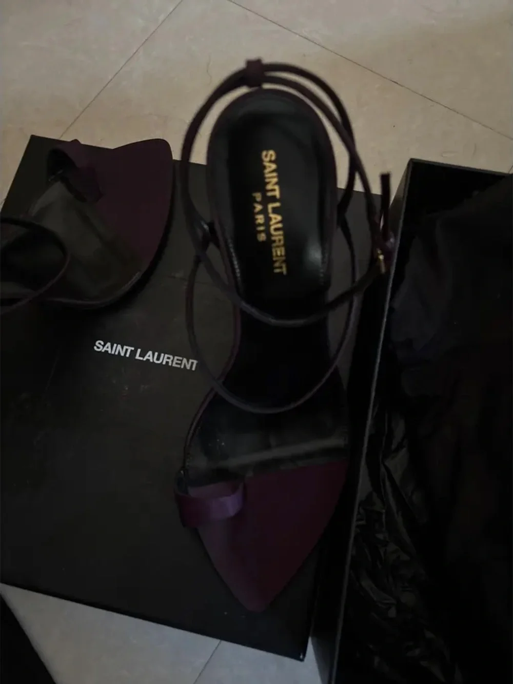 Saint Laurent Two-Tone Black and Purple Pointed-Toe Ankle-Strap Heels