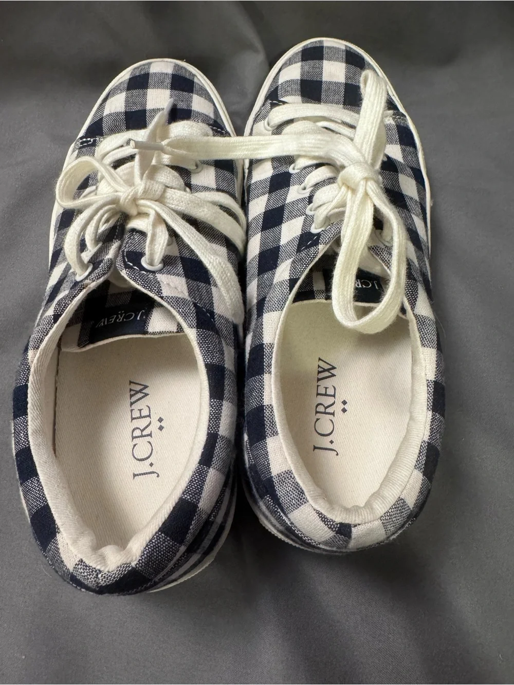 J. Crew Navy and White Gingham Lace-Up Canvas Sneakers-0023
