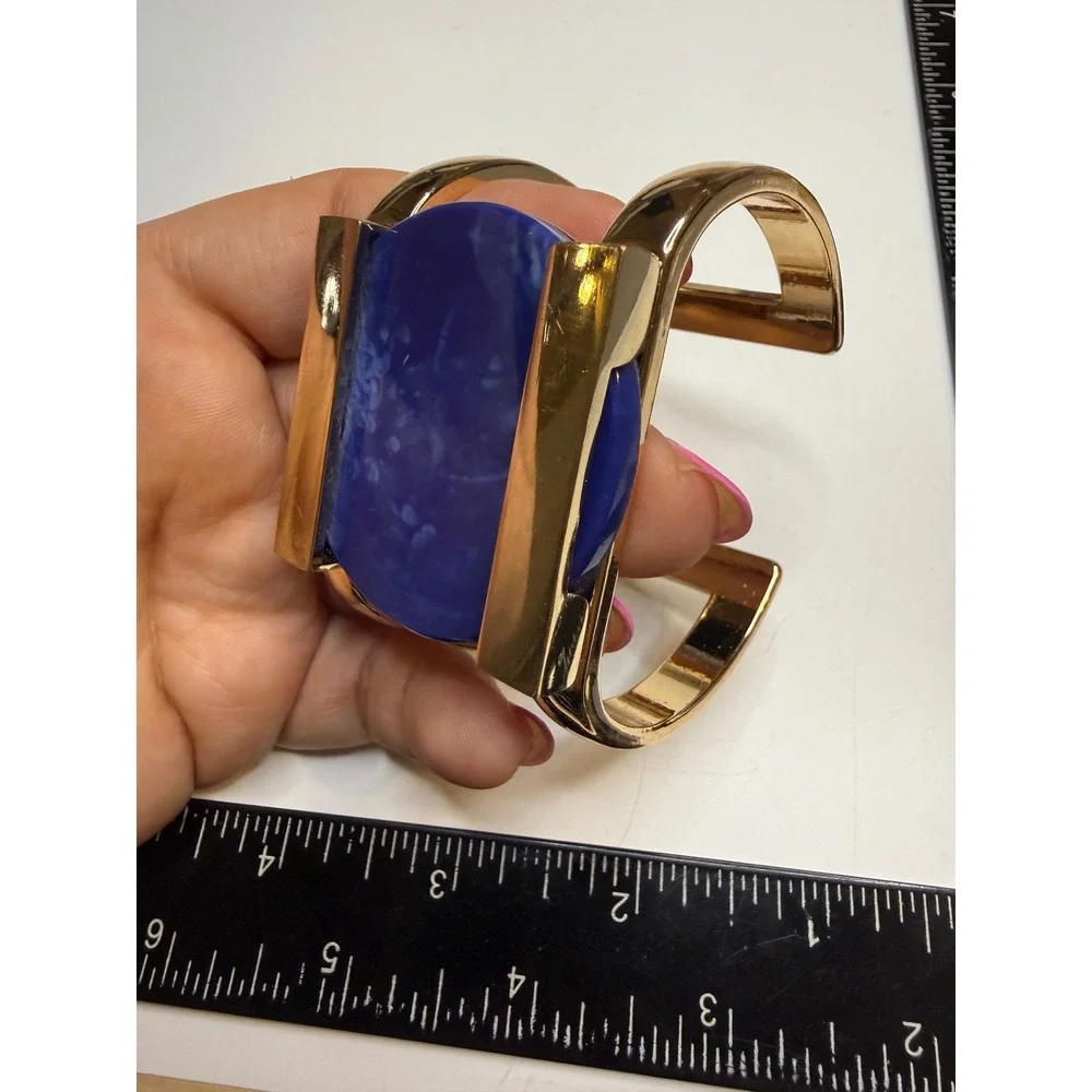 Chunky Gold Tone Cobalt Blue Resin Statement Cuff Bracelet Modern Open Cutout