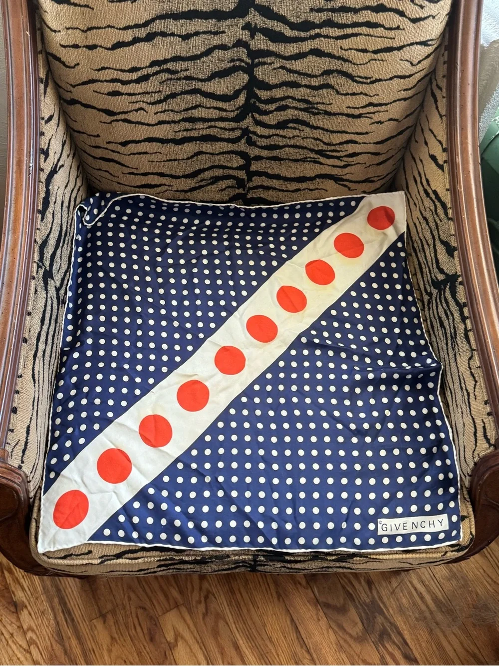 Givenchy Navy and White Polka Dot Silk Accent with Orange Dot Stripe