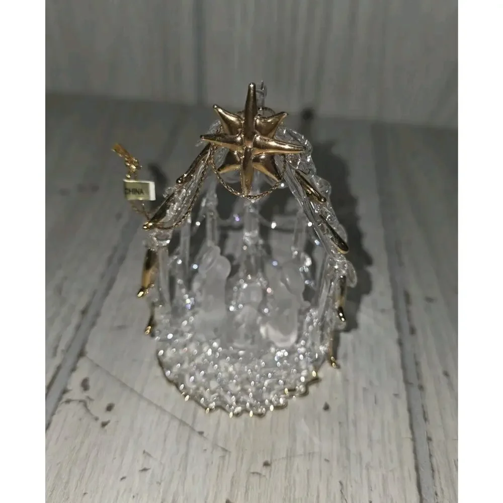 Vtg Hand Spun Blown Clear Glass Nativity Manger Ornament Religious Christmas 3